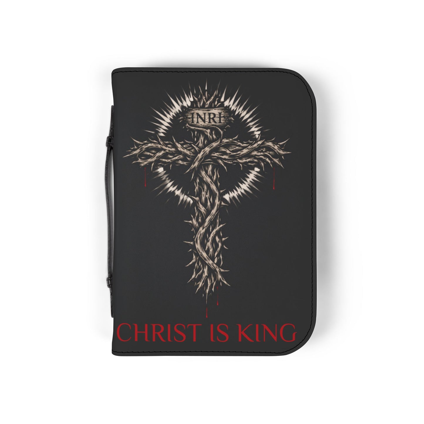 Bible Cover — "Christ Is King" Leather-Zip Bible Cover with Crown of Thorns Cross & Hebrews 4:12