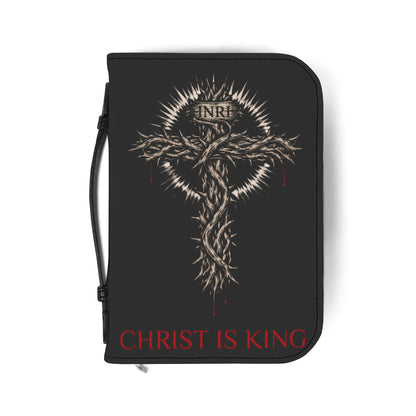Bible Cover — "Christ Is King" Leather-Zip Bible Cover with Crown of Thorns Cross Mathew 4:4