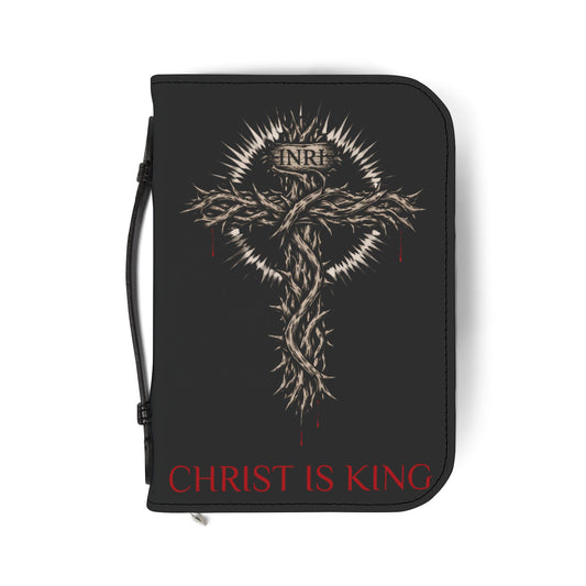 Bible Cover — "Christ Is King" Leather-Zip Bible Cover with Crown of Thorns Cross Mathew 4:4