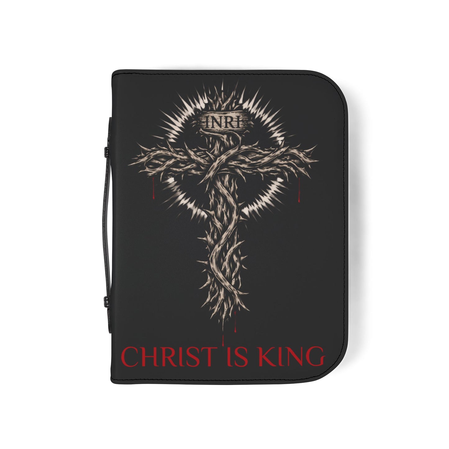 Bible Cover — "Christ Is King" Leather-Zip Bible Cover with Crown of Thorns Cross Mathew 4:4