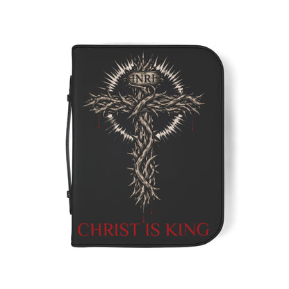 Bible Cover — "Christ Is King" Leather-Zip Bible Cover with Crown of Thorns Cross Mathew 4:4