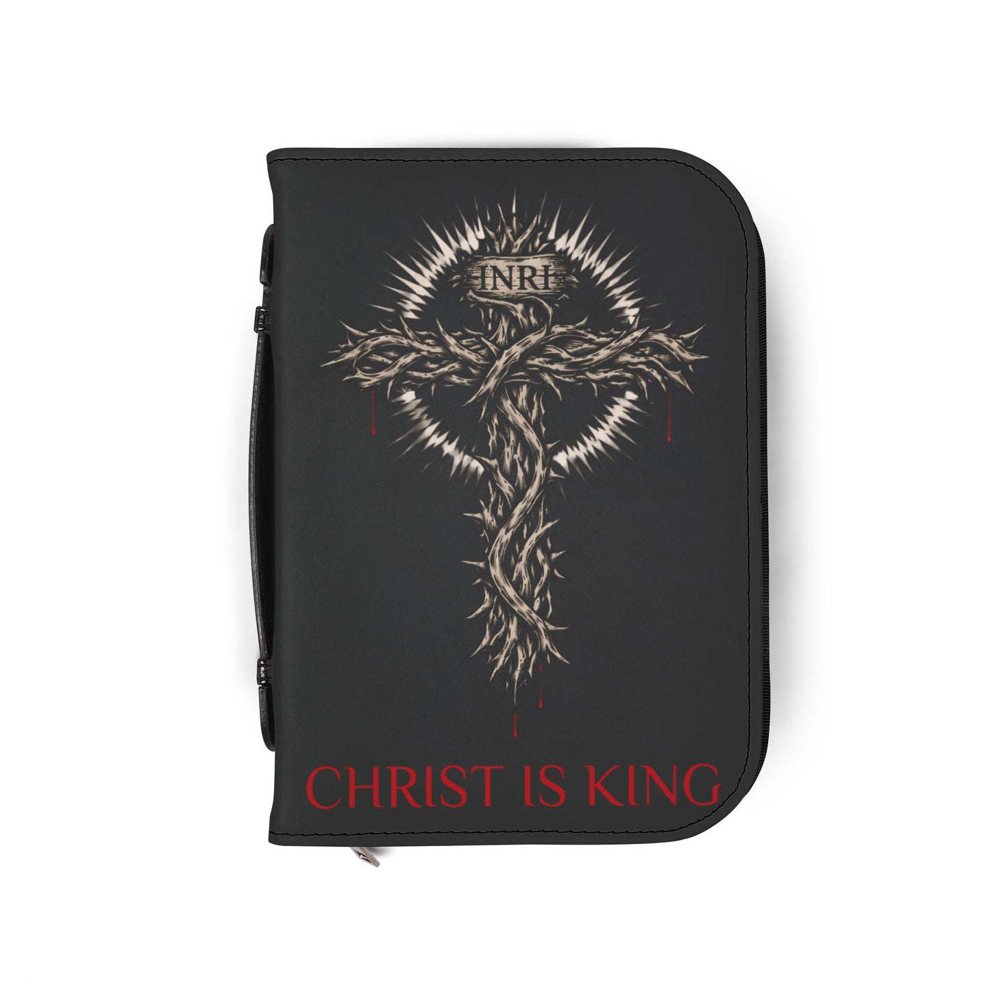 Bible Cover — "Christ Is King" Leather-Zip Bible Cover with Crown of Thorns Cross & Hebrews 4:12