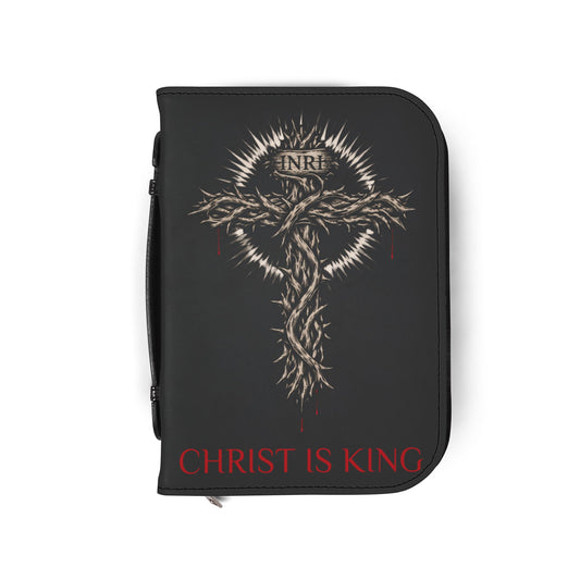 Bible Cover — "Christ Is King" Leather-Zip Bible Cover with Crown of Thorns Cross & Hebrews 4:12