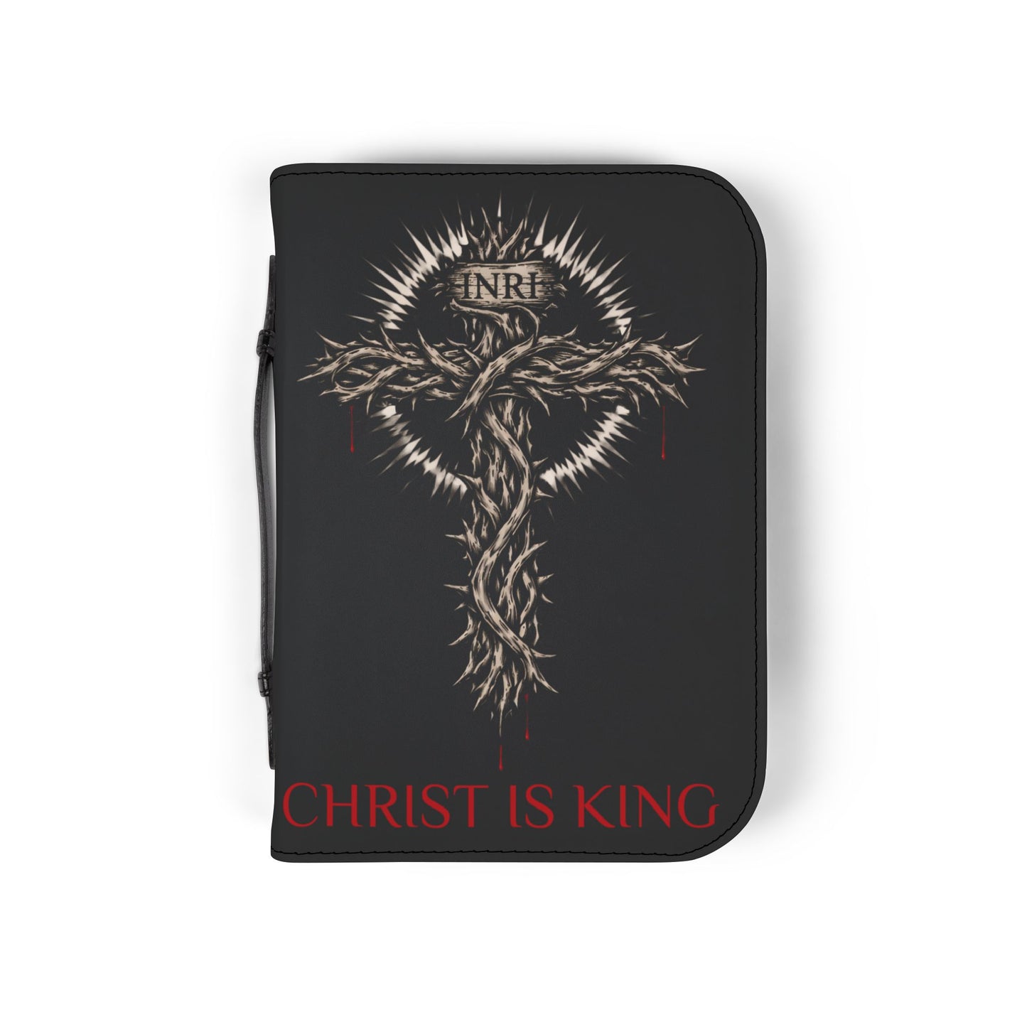 Bible Cover — "Christ Is King" Leather-Zip Bible Cover with Crown of Thorns Cross Mathew 4:4
