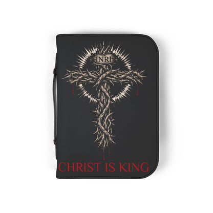 Bible Cover — "Christ Is King" Leather-Zip Bible Cover with Crown of Thorns Cross Mathew 4:4