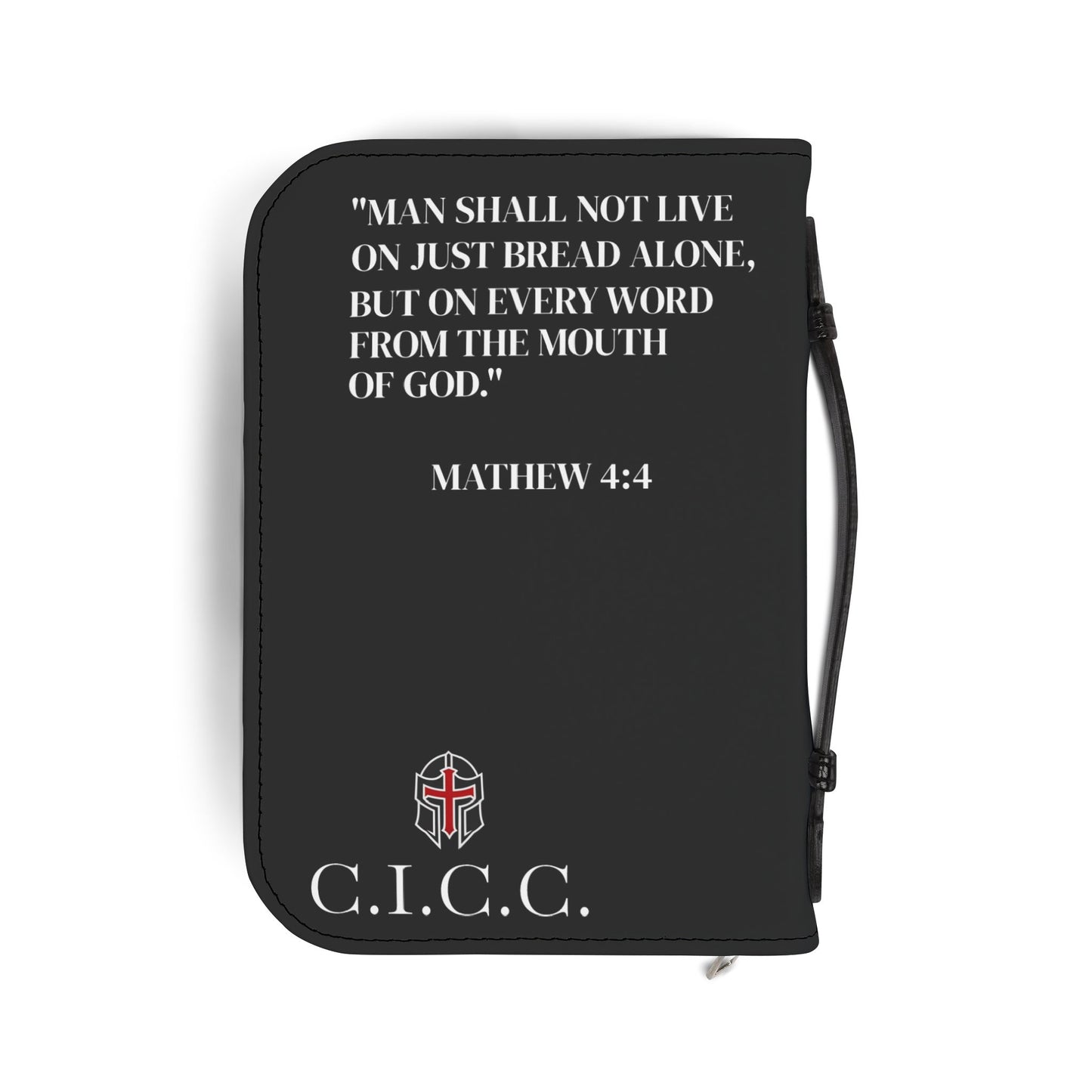 Bible Cover — "Christ Is King" Leather-Zip Bible Cover with Crown of Thorns Cross Mathew 4:4