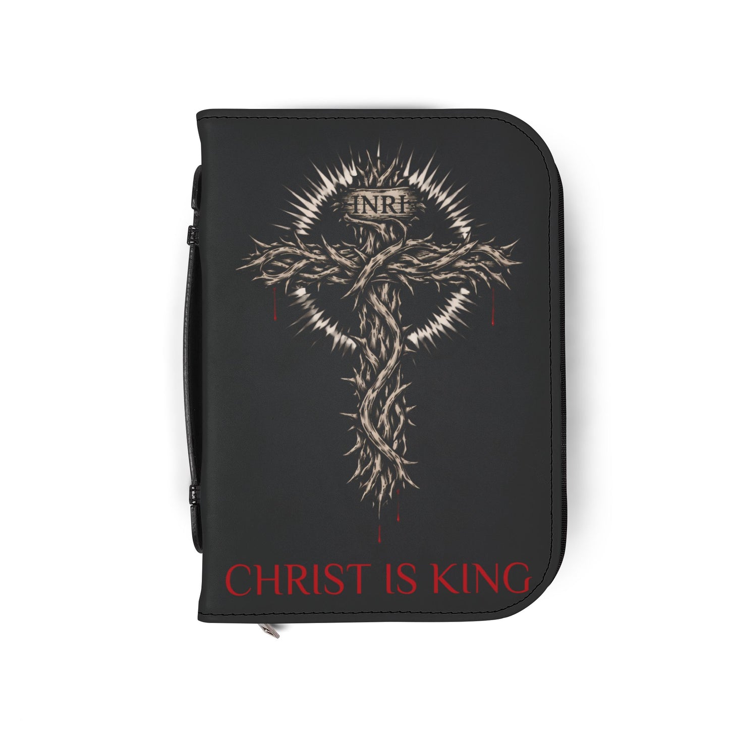 Bible Cover — "Christ Is King" Leather-Zip Bible Cover with Crown of Thorns Cross Mathew 4:4