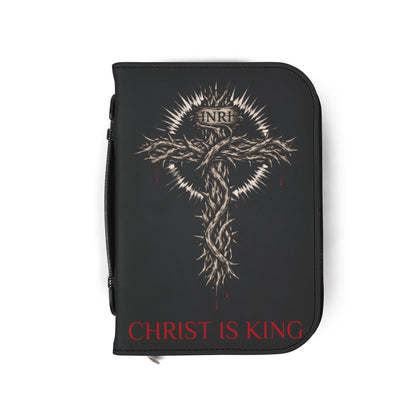 Bible Cover — "Christ Is King" Leather-Zip Bible Cover with Crown of Thorns Cross Mathew 4:4