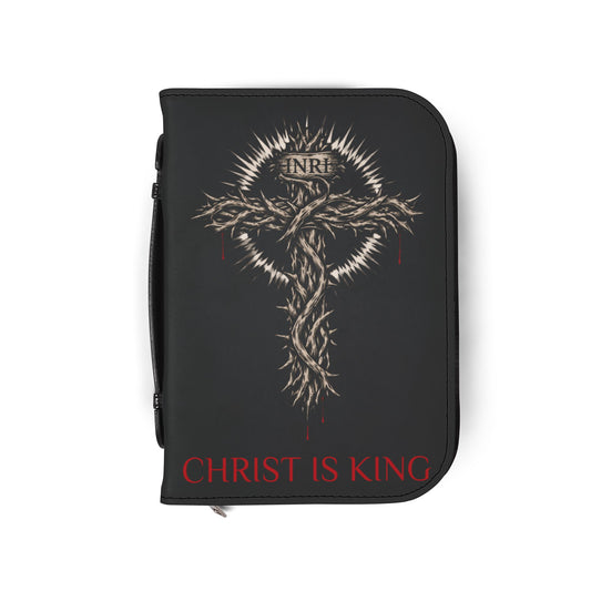 Bible Cover — "Christ Is King" Leather-Zip Bible Cover with Crown of Thorns Cross Mathew 4:4